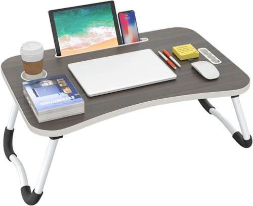 GnohGnoh Folding Lap Desk, 23 Inch Portable Wood Deep Black Laptop Bed Desk Lap Desk with Cup Holder, for Working Reading Writing, Eating, Watching Movies for Bed Sofa Couch Floor DVA1