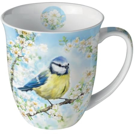 Tasse 10cm Porzellan mit Blaumeise und Blütenmotiv - 0,4L Keramiktasse Porzellangeschirr - Kaffeetasse Teetasse Kakaotasse - Frühlingsgeschirr Tassen & Becher - Porzellantasse Vogelmotiv