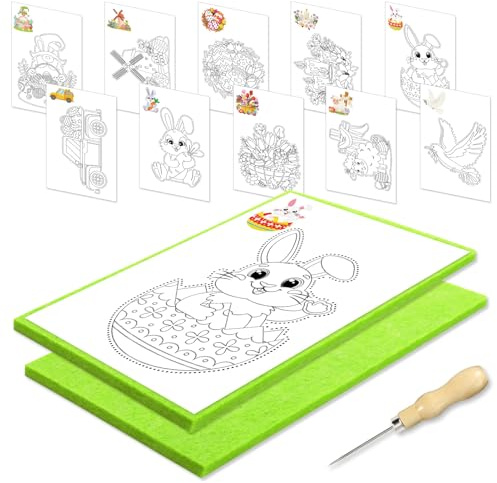 JSRQT Prickelnadel Set Kinder Ostern Prickelset Sticken Kinder Hase Ostereier Prickeln Kunst Kit Komplettes Prickelset Prickelbilder ab 3 Kreativ Set mit 2 Prickelfilz 2 Prickelnadel 10 Stickbilder