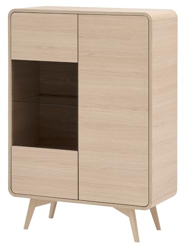 Lomadox Wohnzimmer Highboard Vitrine mit 90 cm Breite in Eiche, 2 Türen, Hochkommode, Schrank, Vitrinenschrank, Esszimmer, Geschirrschrank, Glaseinsatz, Barschrank