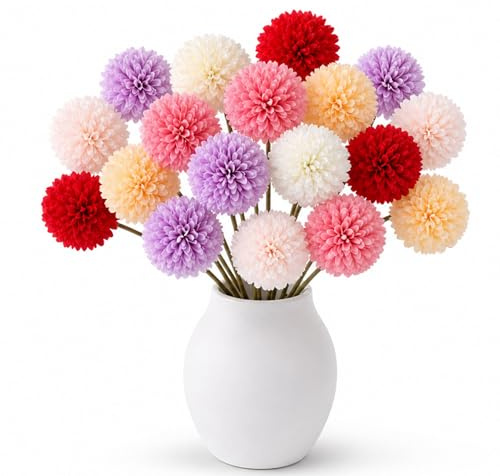 YXYQR 18Pcs Artificial Silk Chrysanthemum Ball Flowers with Stems Colorful Fake Mums Flowers Bouquet for Vase, Home Decor, Living room, Party