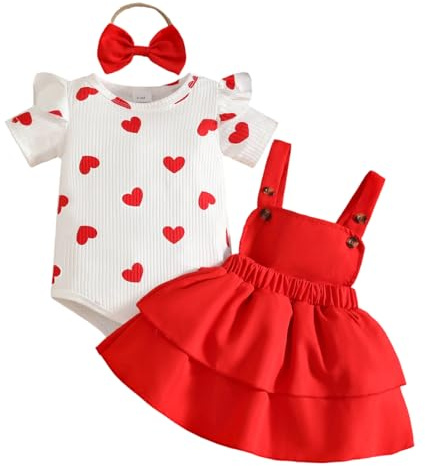 Ensemble Bébé Fille Imprimé Haut+Salopette Jupe d'été Automne 3Pcs Vêtement | Manches Courtes/Longues Nouveau-né Vêtements,Salopette Jupe à Bretelles Ajustable,Motifs à pois, papillons et cœurs,Bandeau