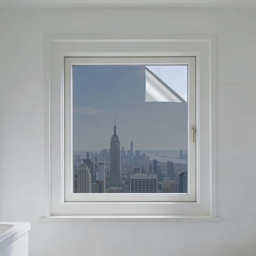 Spiegelfolie 100 x 250 cm mit UV Schutz Und Hitzeschutz Verdunklungsfolie Wärmeschutzfolie Ideal Selbstklebend für Kleine Nach Außen Gerichtete Fenster, Doppelseitiges Silber