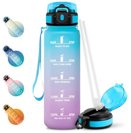 JAPORIA Borraccia 1L, Borraccia Motivazionale con Cannuccia, a Prova di Perdite, Bottiglia Acqua con Indicatore del Tempo, per Ufficio, Scuola