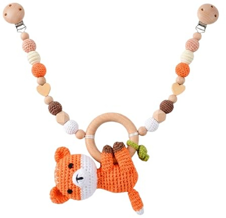 Herfair Kinderwagenkette Holz mit Häkel-Fuchs, Kinderwagen Spielzeug & Baby Mobile Kette zum Aufhängen für Babyschale, Kinderbett oder Spielbogen, Baby Zubehör Geschenk zur Geburt