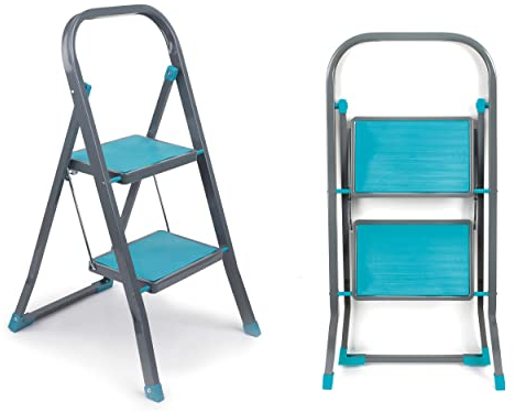 Beldray LA023957TQ Foldable 2 Step Steel Ladder – Safety Non-Slip Steps & Feet, Outdoor & Indoor DIY, Durable & Sturdy, Folds Easy For Neat Storage, Safety Clip, Approx 2m Reach Height, Turquoise/Grey