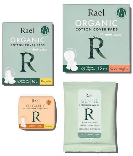Rael Feminine Care, Period Essential for Women - Organic Cotton Cover Regular & Overnight Pads for Women, Regular Panty Liners and Feminine Wipes