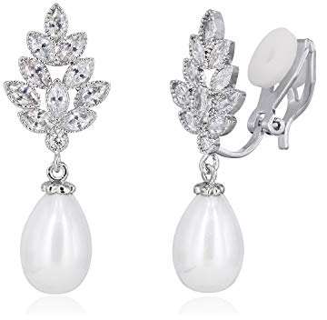 Quke Frauen Blattform Zirkonia Kristall Künstliche Perle Ohrhänger Ohrclips Nicht Durchbohrten Ohrring Für Damen