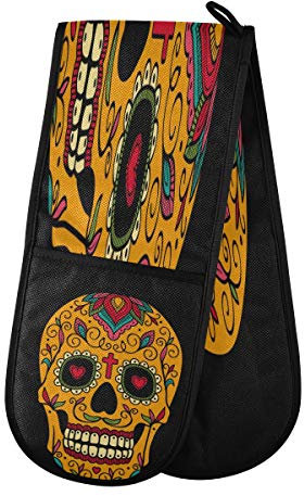 AUUXVA BIGJOKE Gant de four double matelassé en coton Motif crânes mexicains Sucre Kitcken Tribal Gants de four résistants à la chaleur pour barbecue, barbecue et poêles