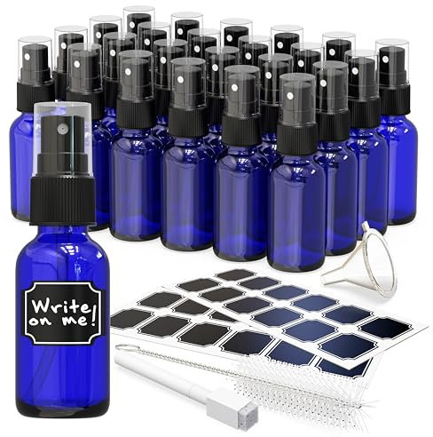 Nevlers Paquete de 24 botellas pequeñas de vidrio azul de 1 onza para aceites esenciales, perfume, juego de botellas de spray recargables de tamaño de viaje, incluye pulverizadores, embudo, cepillo,