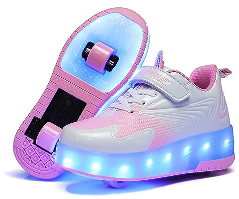 Unisex Kinder LED Farbe Licht USB Wiederaufladbar Skateboardschuhe mit Rollen Drucktaste Einstellbare Hinterrad/Abnehmbares Vorderrad Inline Skates Running Sneaker für Jungen Mädchen