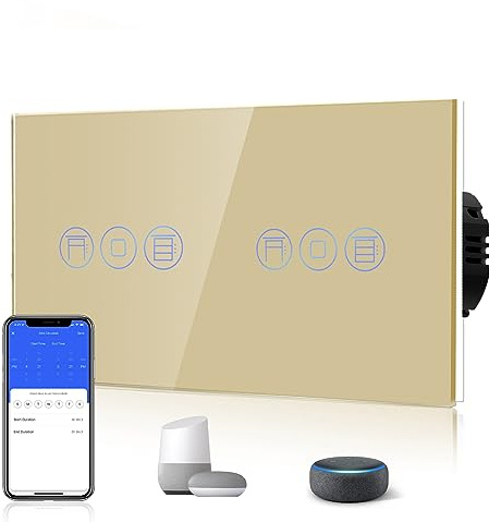 BSEED Interruptor Persiana WiFi,interruptores tactil empotrado,Inteligente Control de Porcentaje,Panel de Cristal,Control Remoto,Requiere Cable Neutro,157mm Oro