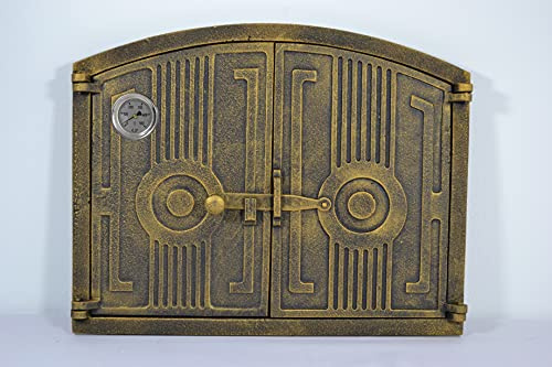SEZAM leichte Doppeltür für Backöfen aus Gusseisen mit Thermometer 500 °C - mit Türriegel, halbrund, Pizzaofentür - Brotofen - Steinofentür, 48 x 3 x 38 cm, goldfarben bemalt