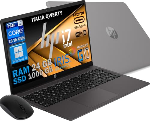 HP Notebook 250 G10 MODELLO 2025, Pc portatile Grey, Intel Core i7 1355U 13Th Gen 4,7Ghz, Ram 24Gb, SSD (1Tb) 1000 Gb Display 15.6 Full HD, Win 11 64 Bit, Libre Office, Preconfigurato MOUSE OMAGGIO