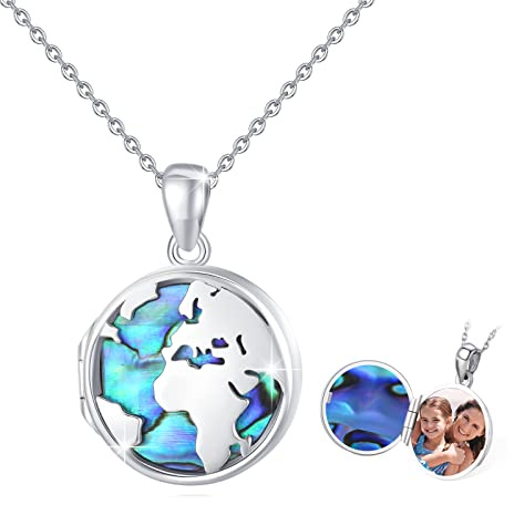 JFASHOP Weltkarte Medaillon Kette Damen Sterling Silber 925 Weltkarten Anhänger Halskette Zum Öffnen für Bilder Foto Globus Halskette Muttertags Geschenke für Frauen Madchen Kinder Junges