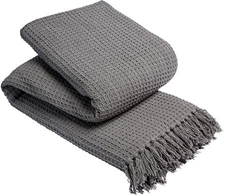 LIZZIE JACOBS New Lisbon 100% Cotton Throws Waffle Style Luxurious Super Soft Warm Cosy Sofa Bed Settee Chair Travel Blankets (Double - 178 x 254 cm, Grey)