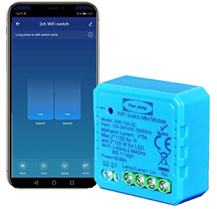 Yueyang Intelligenter Schalter Diy WiFi Light Switch 2 Gang 1/2 Way Module Life/Tuya App Mini Modul für Light kompatibel mit Alexa und Google Home 220v (ys082c)