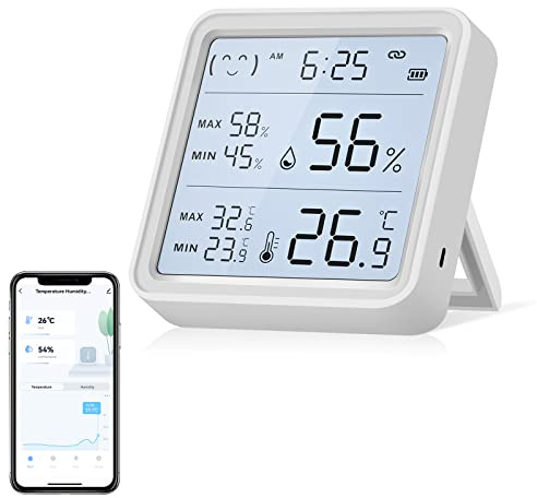 Bluetooth Thermometer Hygrometer Innen, Tuya Raumthermometer Temperatursensor, Thermo Hygrometer mit Smart App und Datenaufzeichnung, für Babyzimmer, Gewächshauszubehör, Garage (8CM*8CM)