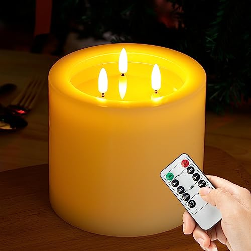 AFINETH Extra Large Flameless Candles with 3 Wicks, 6x6 Real Wax Battery Operated Candles with Remote and Timer, Flickering LED Candles Fake Candle for Home, Wedding, Party, Ivory