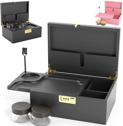 Large Bamboo Wooden Stash Box with combination Lock, Rolling Tray and Glass Storage Jars - Wood Storage Rolling Set with Lock and Smoking Accessories Kit (Black Wooden Stash Box)