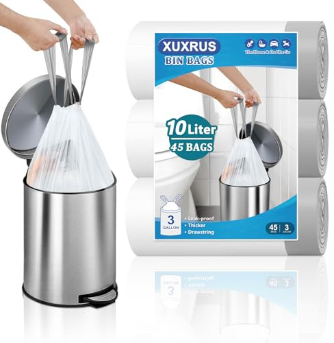 XUXRUS 10L Pedal Bin Liners, White Bin Bags with Drawstring, 45 Count | Tear-resistant Strong Liners That Fit Bathroom, Office and Bedroom Small Bins
