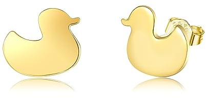 Pendientes de tuerca de plata de ley 925 chapados en oro de 14 quilates con diseño de pato, regalo para mujeres y niñas amantes del pato, Plata de ley, Sin piedra preciosa