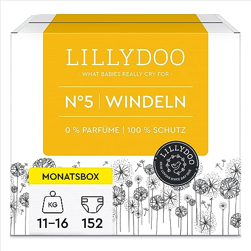 LILLYDOO hautfreundliche Baby Windeln - Größe 5 (11-16 kg),Monatsbox (152 Stück), Sicherer Auslaufschutz, Weich, Ohne Parfüme & Lotionen für empfindliche Haut, Dermatologisch getestet