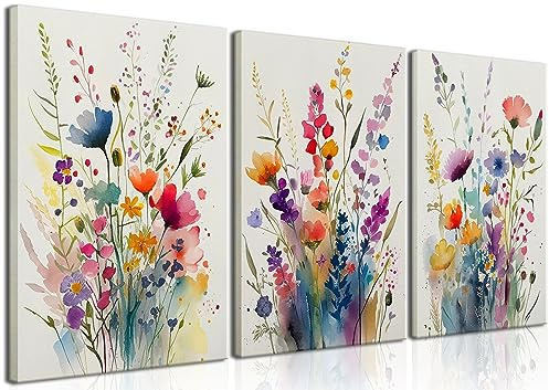 KISSFOX 3 Piece Canvas Wall Art Wildflowers Wall Decor Floral Pictures Botanical Paintings Colorful Prints Watercolor Artwork For Bedroom Bathroom Living Room