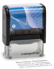 Personalisierter Stempel stempelfritz schwarz-blau/Adressstempel mit Individuellem Wunschtext inkl. Stempelkissen zum Gestalten - 38x14mm / 4 Zeilen (Gr.1)