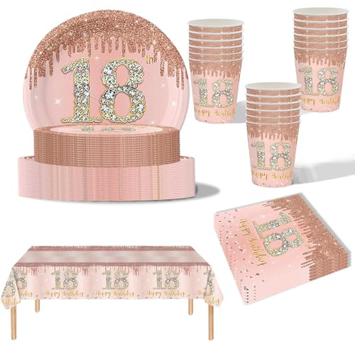 YaYaFunFun 69pcs Rose Gold 18th Birthday Party Tableware Set with 32P Paper Plates, 20P Napkins, 1P 18th Table Cloth, 16P Paper Cups for Women's Birthday Party Decorations