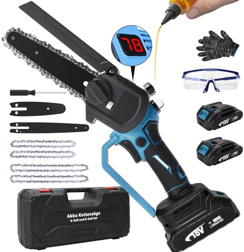 Mini Kettensäge mit Akku 3000mAh, 8 Zoll and 6 Zoll Mini Kettensäge mit 2 Akku, Bürstenloser Motor Handkettensäge mit Gehärtete Legierungsketten und Sicherheitsschloss für Gartenscheren Holzschneidenz