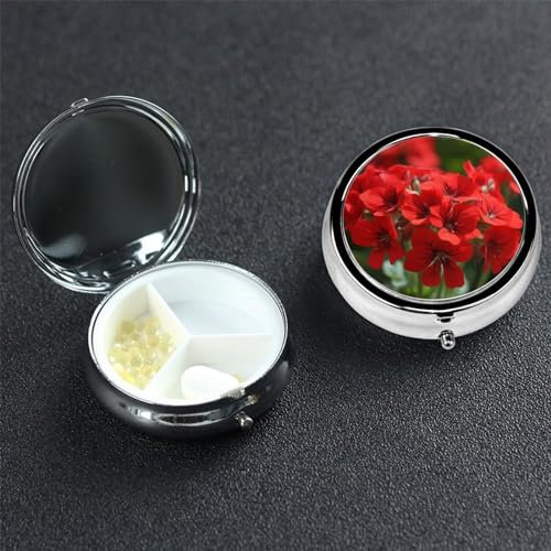 Pillendose, rund, 3 Fächer, Pillendose, rote Geranien, kleine Pillendose, wasserdicht, Medikamenten-Organizer, Box für Reisen, Pillenbehälter, Vitamin-Organizer für Medikamentenplaner