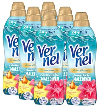 VERNEL Aromatherapie Zauberhafte Malediven Weichspüler 6x 37 WL (222 Waschladungen), langanhaltender Wäscheduft mit ätherischen Ölen für 24/7 Frische, recycelbare Flasche
