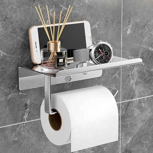 Portarrollos Papel Higienico, Portarrollos Baño Sin Taladro de Acero Inoxidable para Baño o Cocina, Adhesivo/Fijación por Tornillo (Plata)