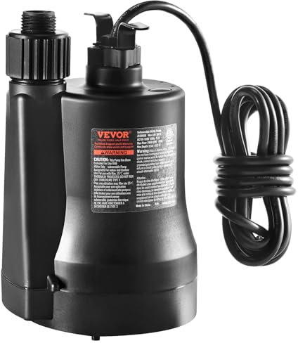VEVOR Sump Pump Submersible, 1/3 HP, 2450 GPH High Flow, 30 ft Head, Submersible Water Pump, Thermoplastic Sump Pump with 10 ft Power Cord for Draining Water from Pool Garden Pond Basement
