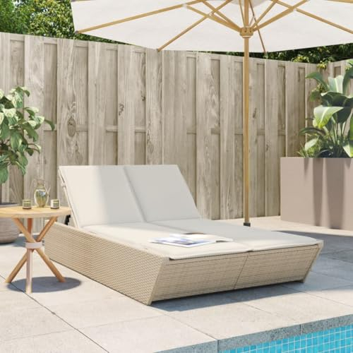 Homgoday Doppel-Sonnenliege mit Kissen Gartenliege mit 4-Fach Verstellbare Rückenlehne Gartenmöbel Relaxliege Gartenmöbel Liege Liegestuhl Strandliege Beige Poly Rattan