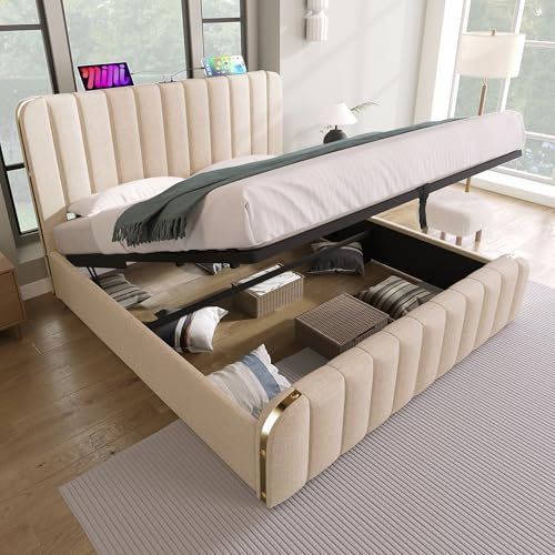 Doppelbett Polsterbett 180x200, Hydraulisch Stauraumbett Funktionsbett mit Großer Stauraum&USB Typ-C Ladefunktion&Lattenrost, Bett Bettgestell Familienbett, Leinen, Belastbarkeit 226kg, Ohne Matratze