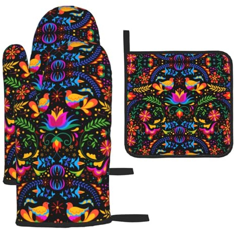 Mexican Floral Oven Mitts and Pot Holders Sets of 3 Heat Resistant Colorful Flower Hot Pads Oven Gloves Kitchen Decor for Baking Cooking BBQ, Mexican Gifts for Women Cooking Lover Cooks Mom