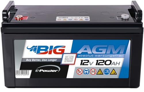 BIG E-Power AGM Versorgerbatterie: Ideal für Wohnmobil, Caravan, Photovoltaik, Inselanlagen, Solaranlagen, Camping, Marine, Gartenhütte, Unabhängige Stromversorgung, Windkraftanlagen (12V - 120Ah)