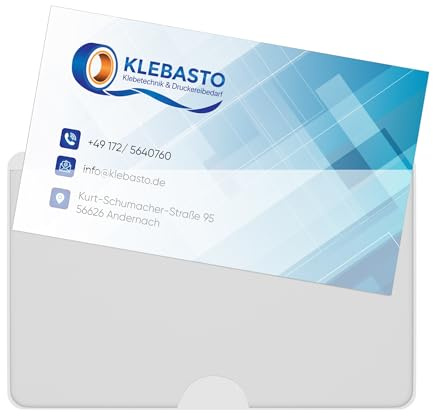 KLEBASTO Visitenkartentaschen selbstklebend | transparent | Visitenkartenhüllen zum kleben | Kartenhüllen zum einkleben | Selbstklebetaschen Glasklar Daumenaussparung unten breite Seite offen (100)