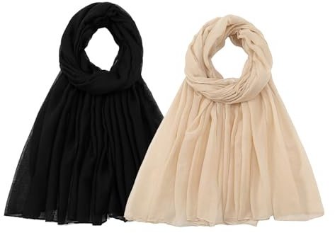 FOSDICK Foulard Femme Léger Doux, Echarpe Noire Froissé, Longue Scarf pour Printemps Automne Hiver Mariage Soirée Cocktail Fête Plage (Noir, Beige)