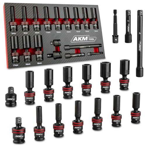 AKM TOOL 3/8 Drive Universal Impact Socket Set, 17 Piece Deep Swivel Socket Set, Wobble Sockets, Flexible, 6-Point, Metric, 8-19mm, Cr-Mo with 3 6 Extension Bars and Adapter