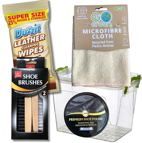 Kyeltri Shoe Cleaning Kit Bundle with 50ml Black Shoe Polish, Leather Cleaning Wipes, x2 Brushes, x2 Microfibre Cleaning Cloths and Storage Box