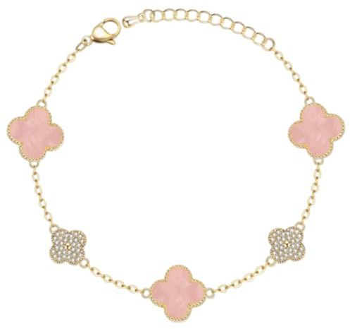 AOWVUTS Vierblättriges Kleeblatt Armband 14K Vergoldet Kleeblatt Armband mit Cubic Zirkonia Verstellbare Stapelbare Glücksarmband Gold Schmuck Geschenk für Damen Frauen Mädche