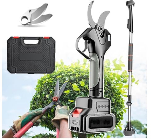 KEuLen Tijeras de Podar Bateria, Podadoras eléctricas for jardín, 2 baterías y Varilla Extensible de 2,1 m de Altura, for árboles y Ramas.