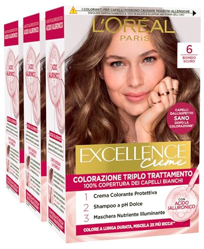 L'Oréal Paris Tinta Permanente Excellence Creme 6 Biondo Scuro Colorazione Triplo Trattamento Copre 100% dei Capelli Bianchi Lunga Durata con Acido Ialuronico - 3 Tinte
