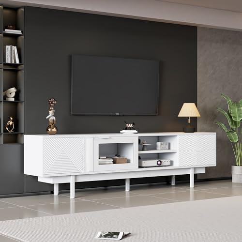 Merax TV-Schrank, TV Lowboard für Fernseher bis zu 80 Zoll, 200cm lang, Moderner Fernsehtisch mit 2 Türen, 2 Schubladen, offenen Fächern, Glasvitrine, Medienkonsole für Esszimmer, Wohnzimmer, Weiß