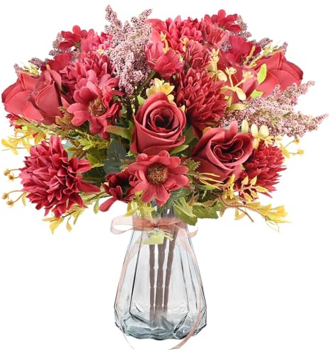 4 Stück Kunstblumen Rosen, Künstliche Blumen mit 7 Blüten je Strauß, Seide Rosenstrauß, Künstlich Blumenstrauß, Kunstblumen Wie Echt für Hochzeit Partei Küche Heim Dekor DIY Blumenarrangements(Rot)