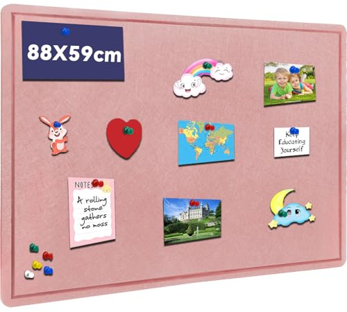 Bulletin Board, 88 x 59cm Cork Board with 20 Pushpin, Felt Notice Pin Board, Self-Adhesive Vision Board Foldable Photo Board for Wall - Pink