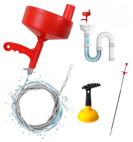 FlexiTrade 3-in-1 Sink Unblocker, Durable 18ft Drain Auger Snake and Plunger with Effective Drain Rod Dredge Tool- Affordable Solution for Clogged Drains